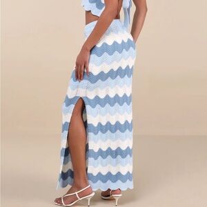 LULUS Sandro Blue and White Strips Multi Crochet Maxi Skirt Size Small